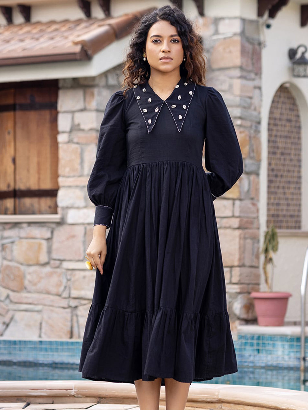

Ambraee Above The Keyboard Collar Cotton A-Line Midi Dress, Black