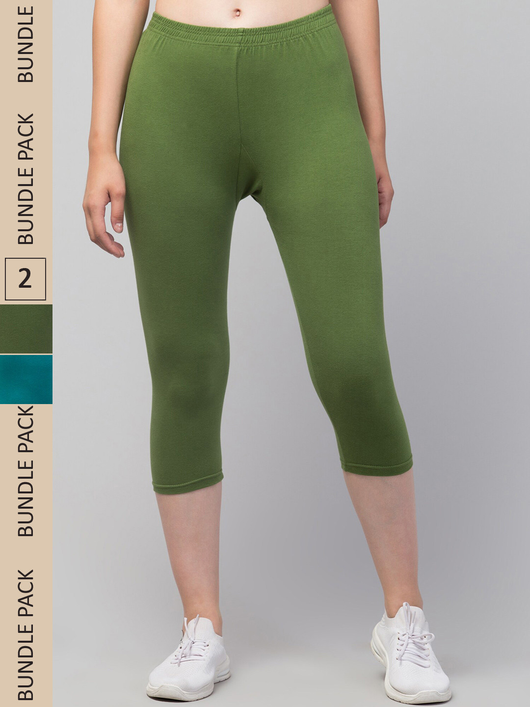 

Apraa & Parma Women Pack Of 2 Cotton Skinny Fit Mid-Rise Slip-On Capris, Green