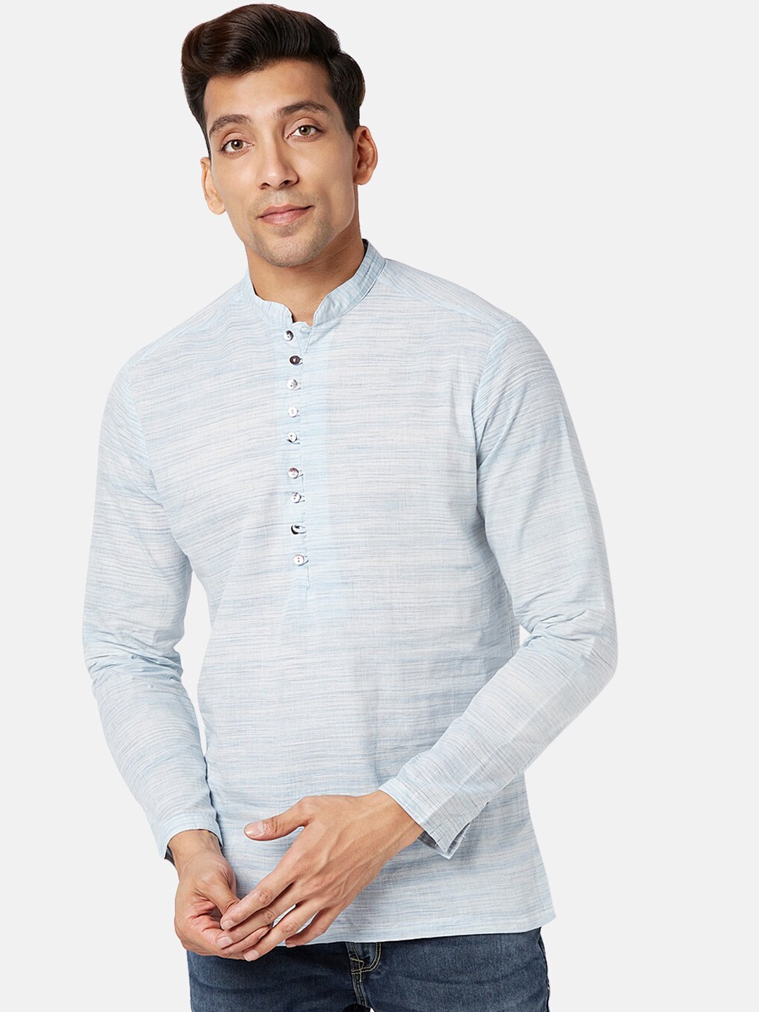 

indus route by Pantaloons Woven Design Mandarin Collar Pure Cotton Kurta, Blue