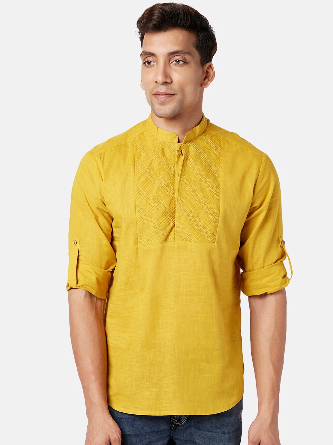 

indus route by Pantaloons Mandarin Collar Thread Work Pure Cotton Kurta, Mustard