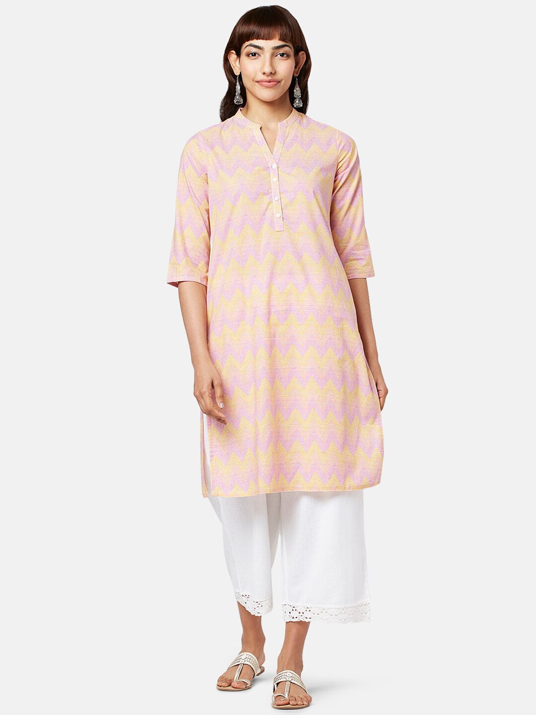 

RANGMANCH BY PANTALOONS Chevron Printed Band Collar Pure Cotton Kurta, Pink
