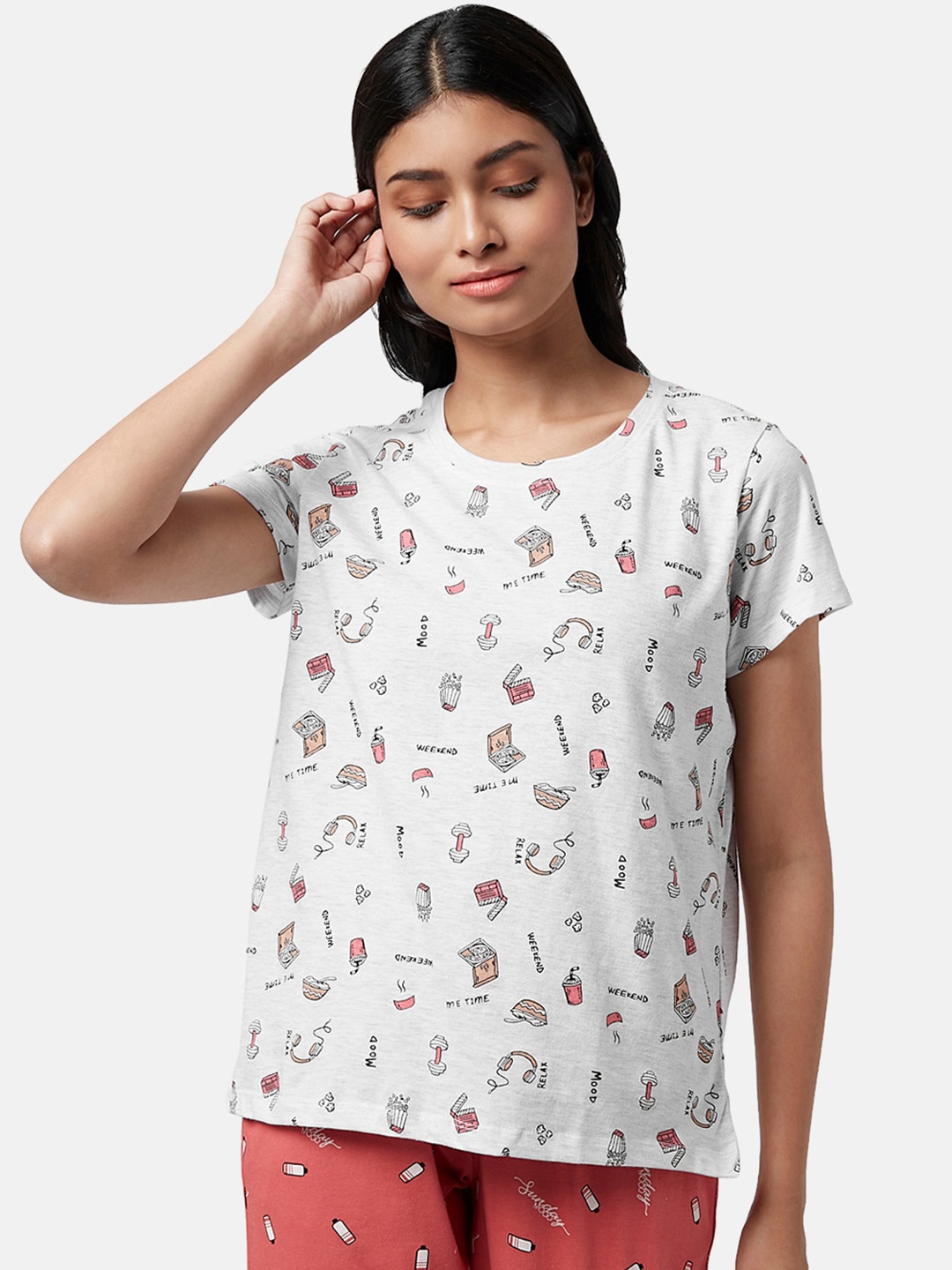 

Dreamz by Pantaloons Women Printed Cotton Lounge T-shirt, Grey