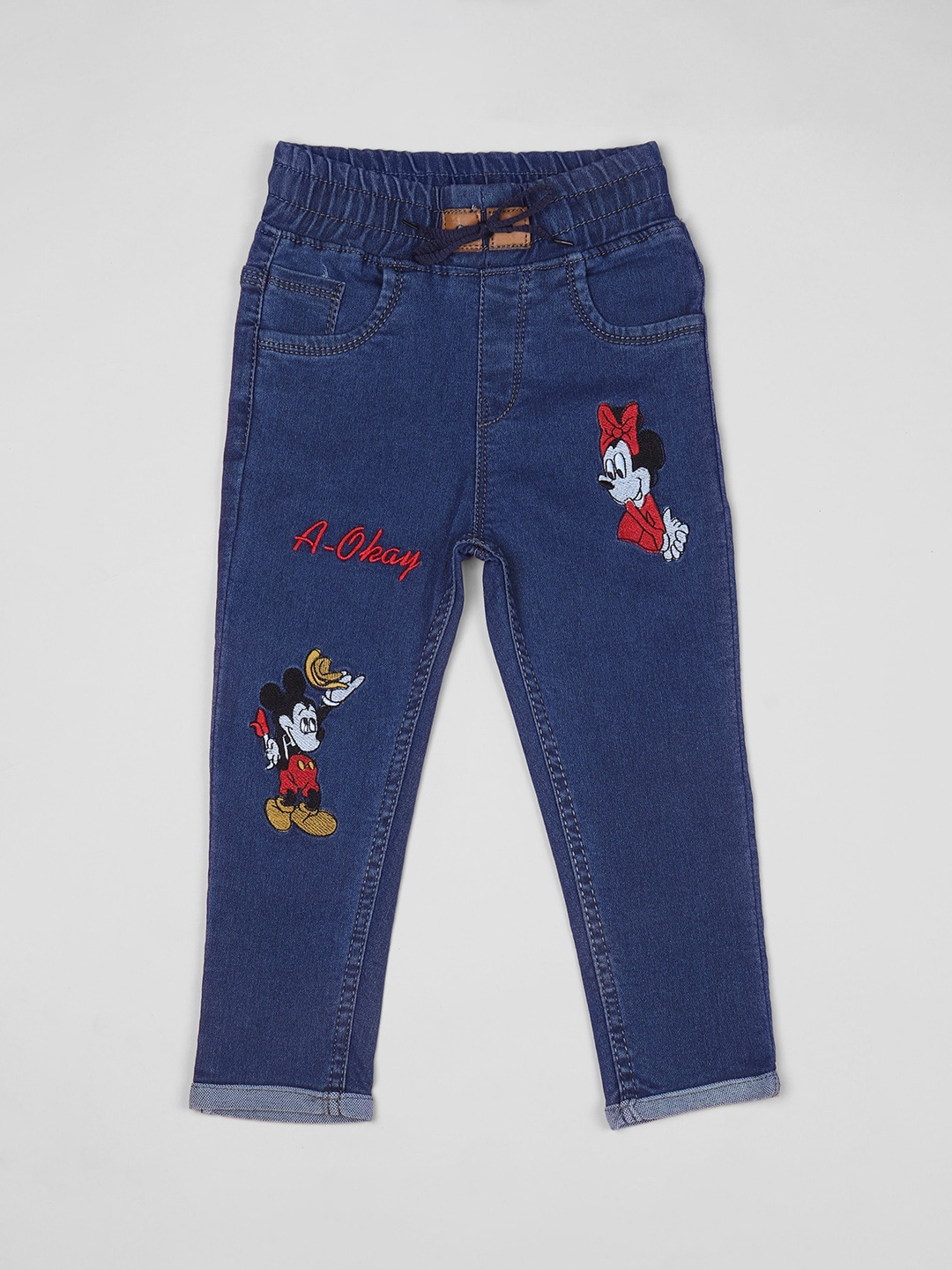 

A-Okay Girls Slim Fit High-Rise Mickey and Minnie Embroidered Stretchable Jeans, Navy blue