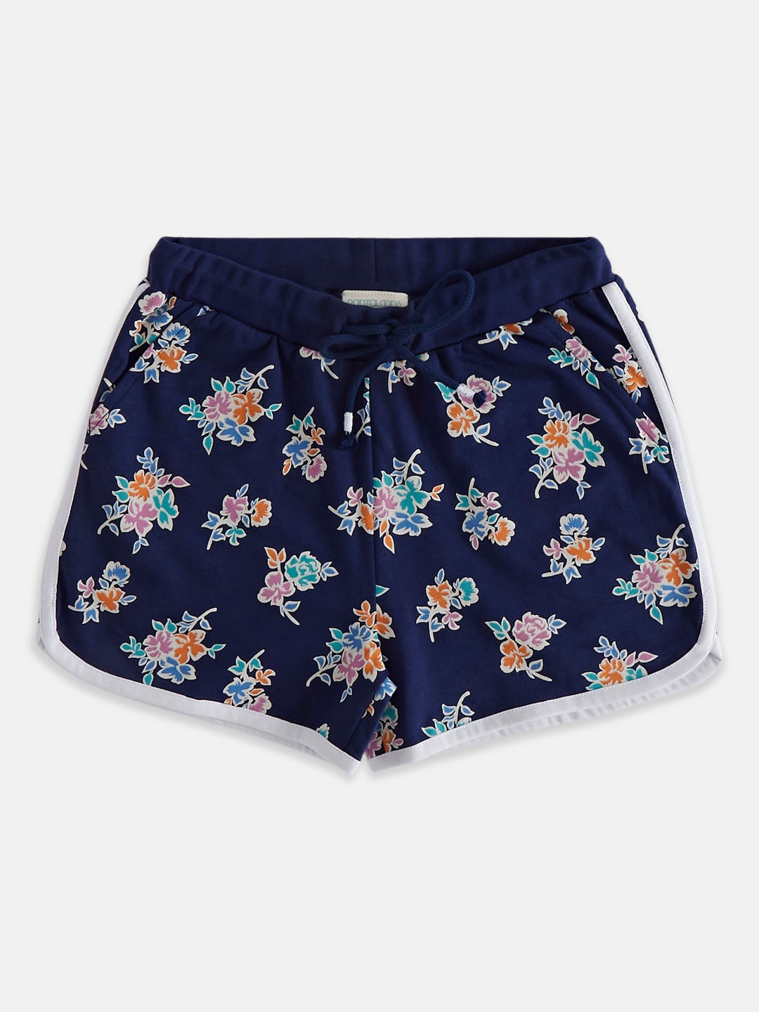 Pantaloons Junior Girls Mid-Rise Floral Printed Hot Pants Shorts, Navy blue