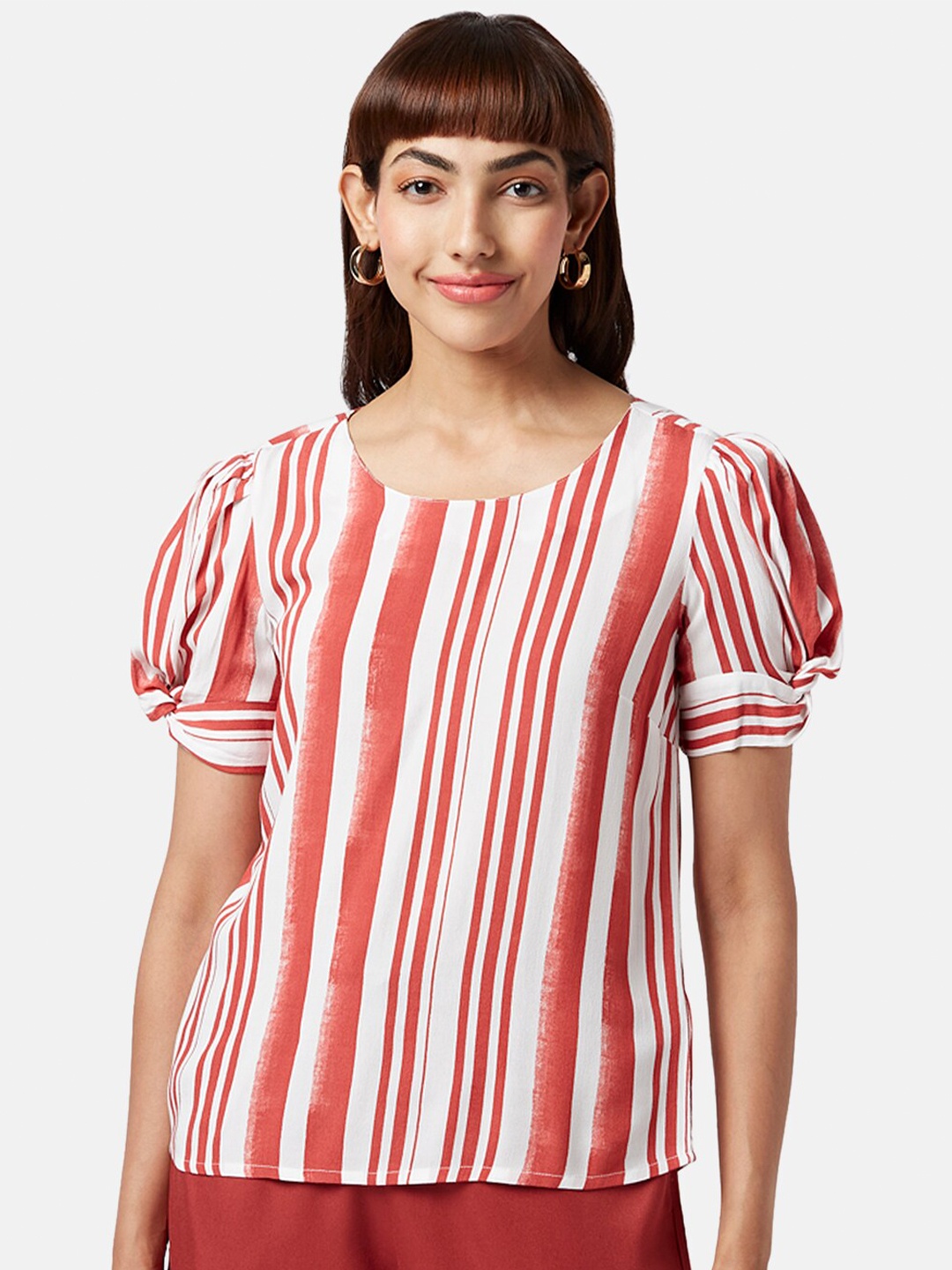 

Honey by Pantaloons Puff Sleeves Twisted Detail Striped Top, Rust