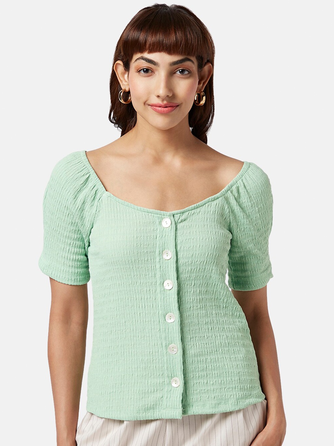 

Honey by Pantaloons Self Design Scoop Neck Top, Green