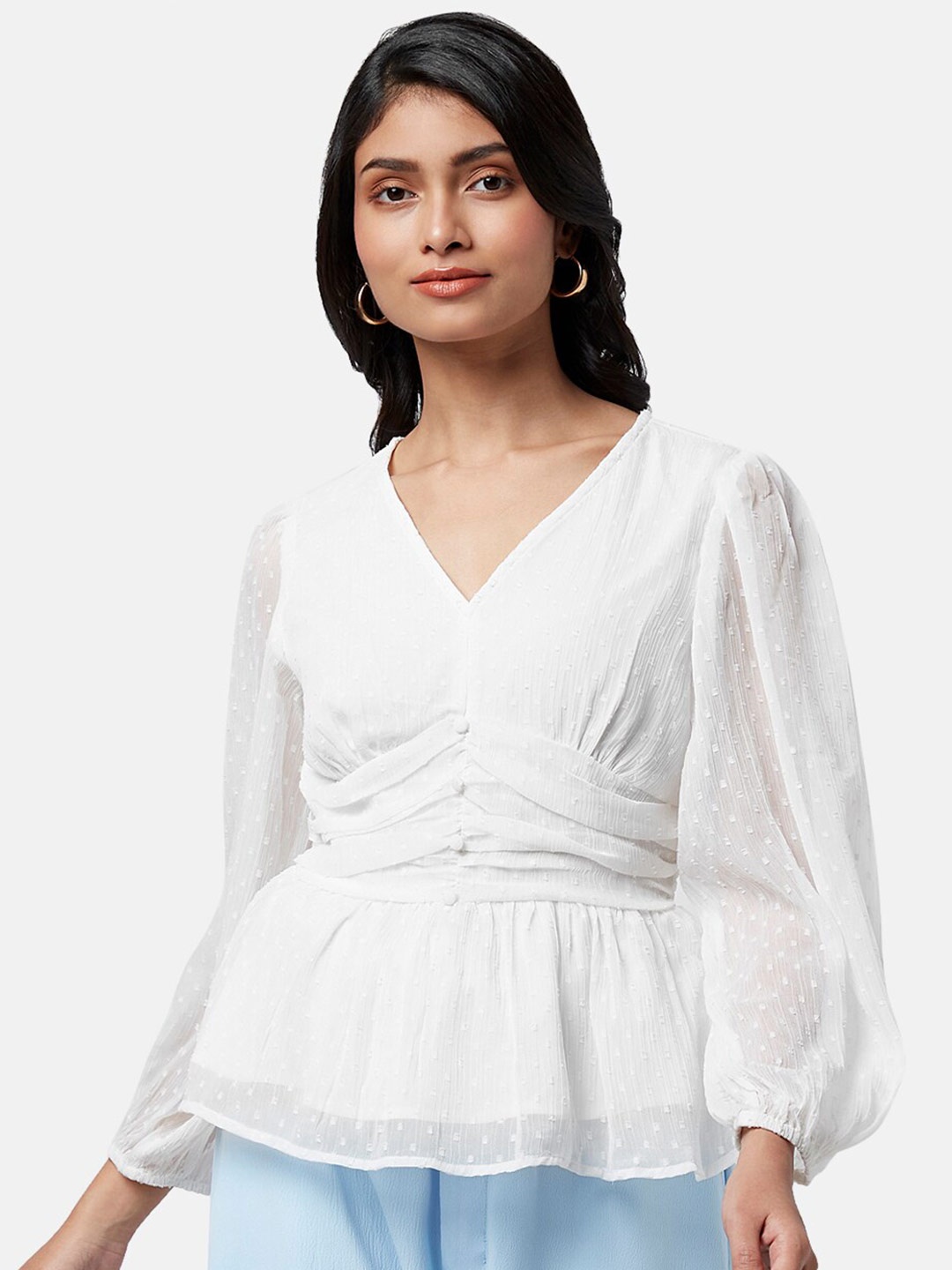 

Honey by Pantaloons V-Neck Bishop Sleeves Cinched Waist Top, White