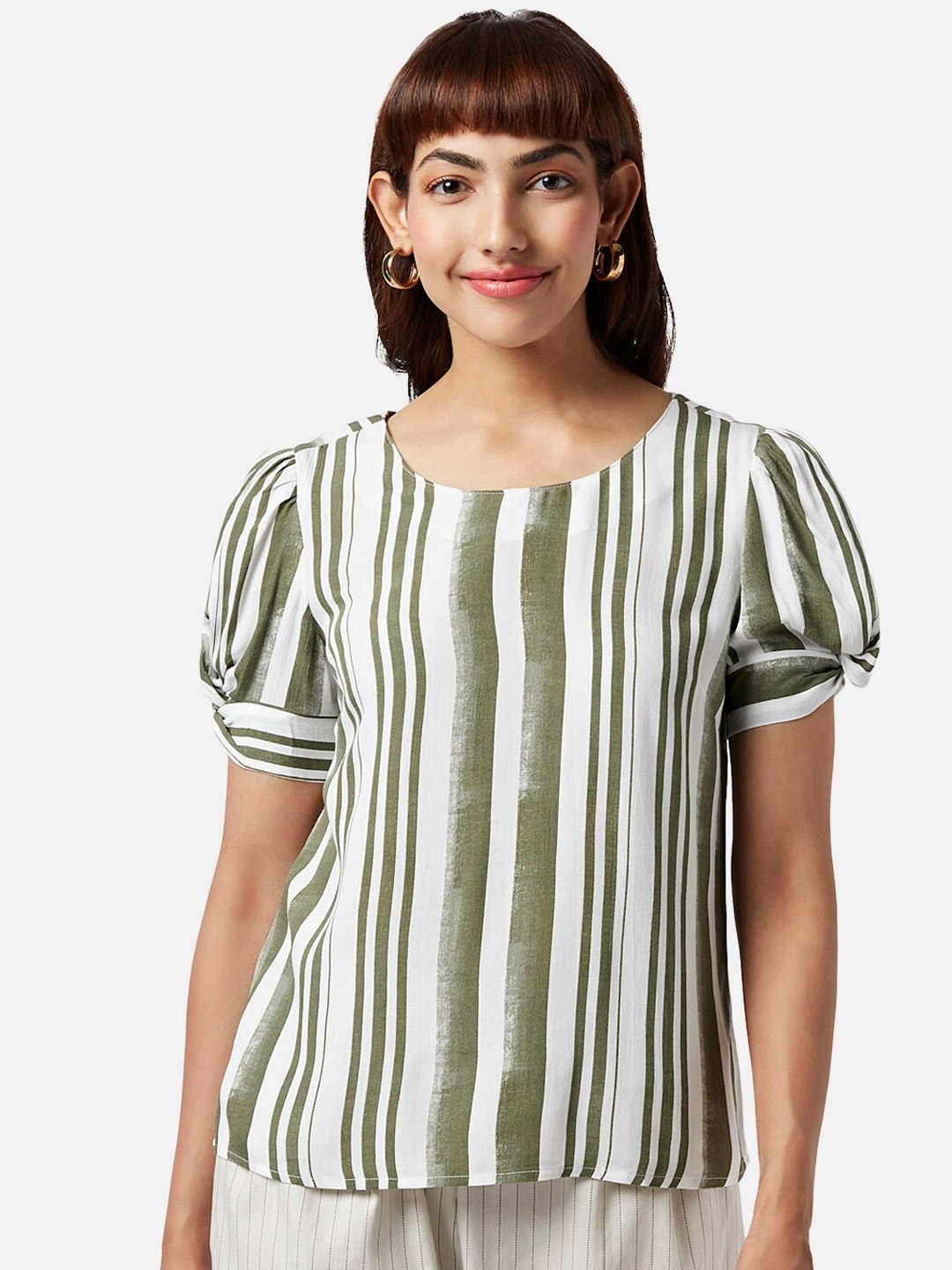 

Honey by Pantaloons Puff Sleeves Twisted Detail Striped Top, Olive