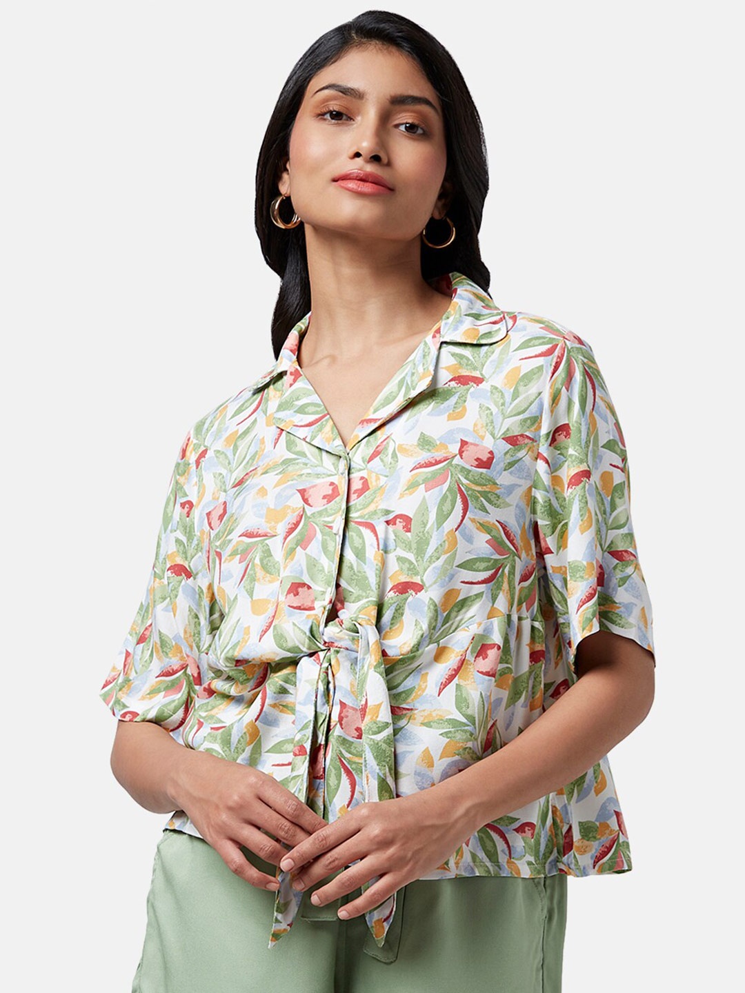 

Honey by Pantaloons Waist Tie-Up Detail Floral Printed Shirt Style Top, Off white