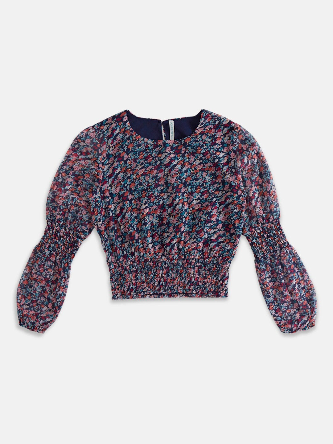

Pantaloons Junior Girls Floral Print Smocked Cotton Blouson Top, Navy blue