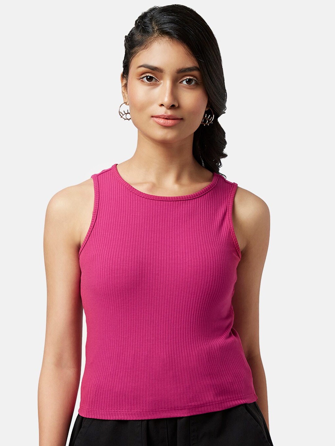 

People Round Neck Styled Back Top, Magenta