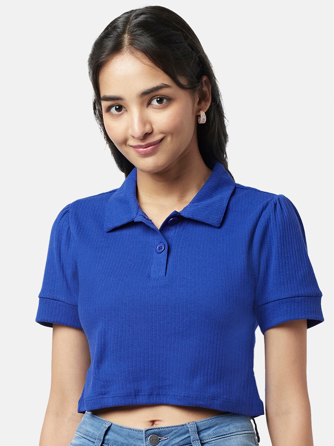 

YU by Pantaloons Shirt Collar Crop Top, Blue