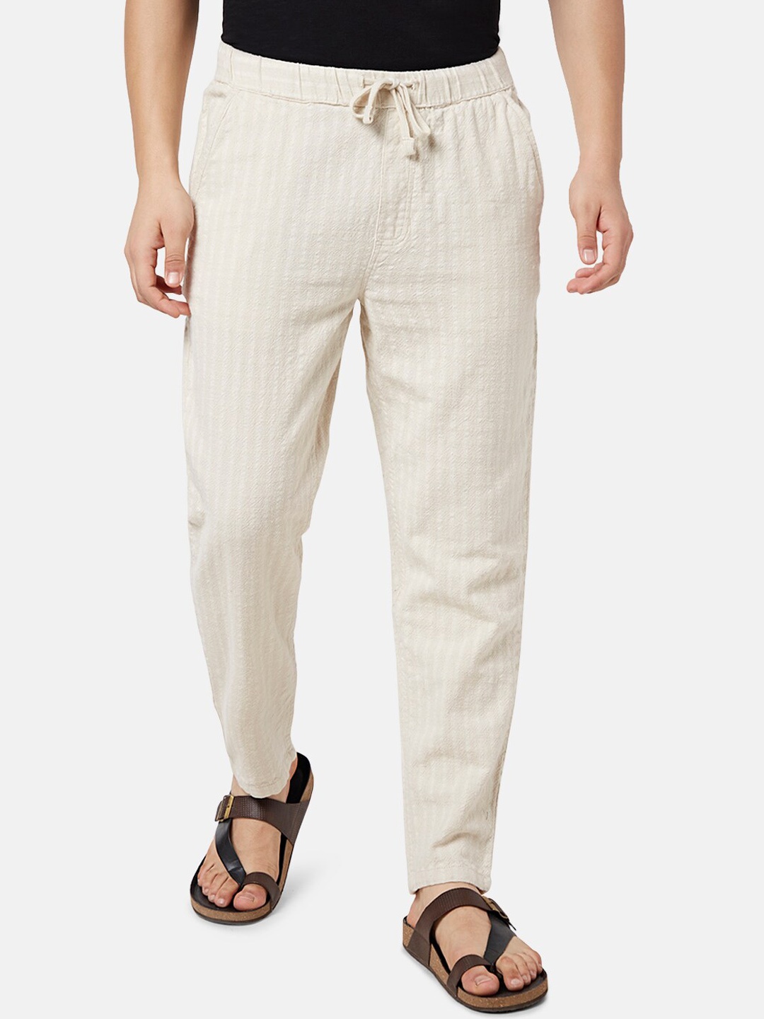 

7 Alt by Pantaloons Men Striped Mid-Rise Cotton Trousers, Off white