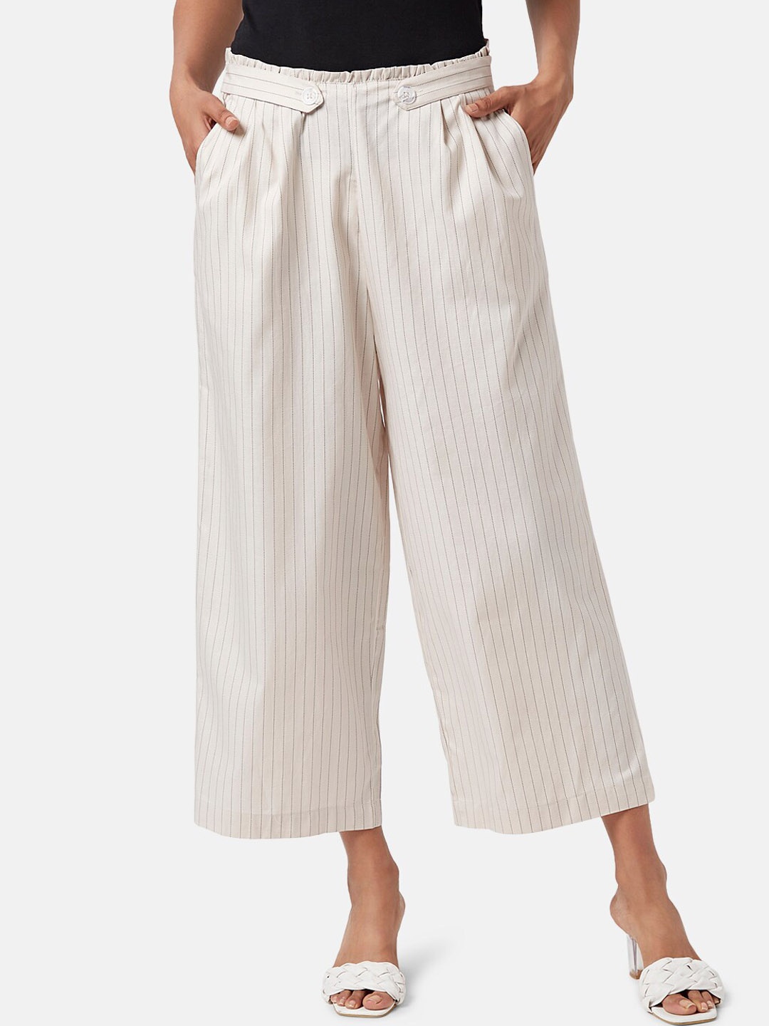 

Honey by Pantaloons Women Striped High-Rise Cotton Culottes Trousers, Beige