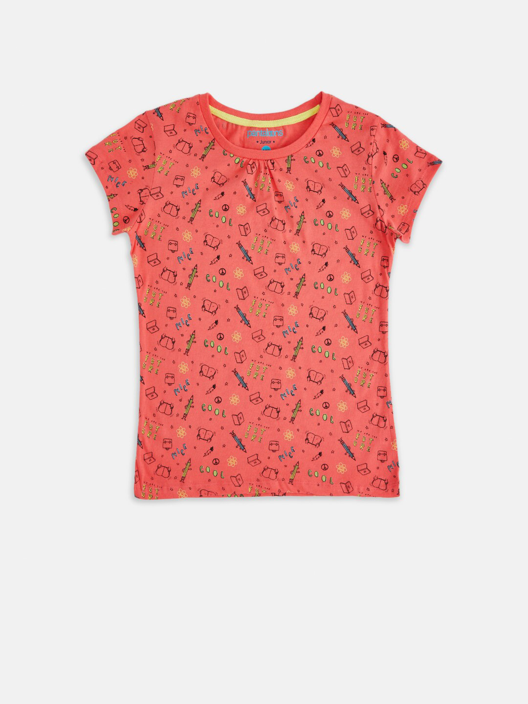

Pantaloons Junior Girls Conversational Printed Cotton T-shirt, Coral