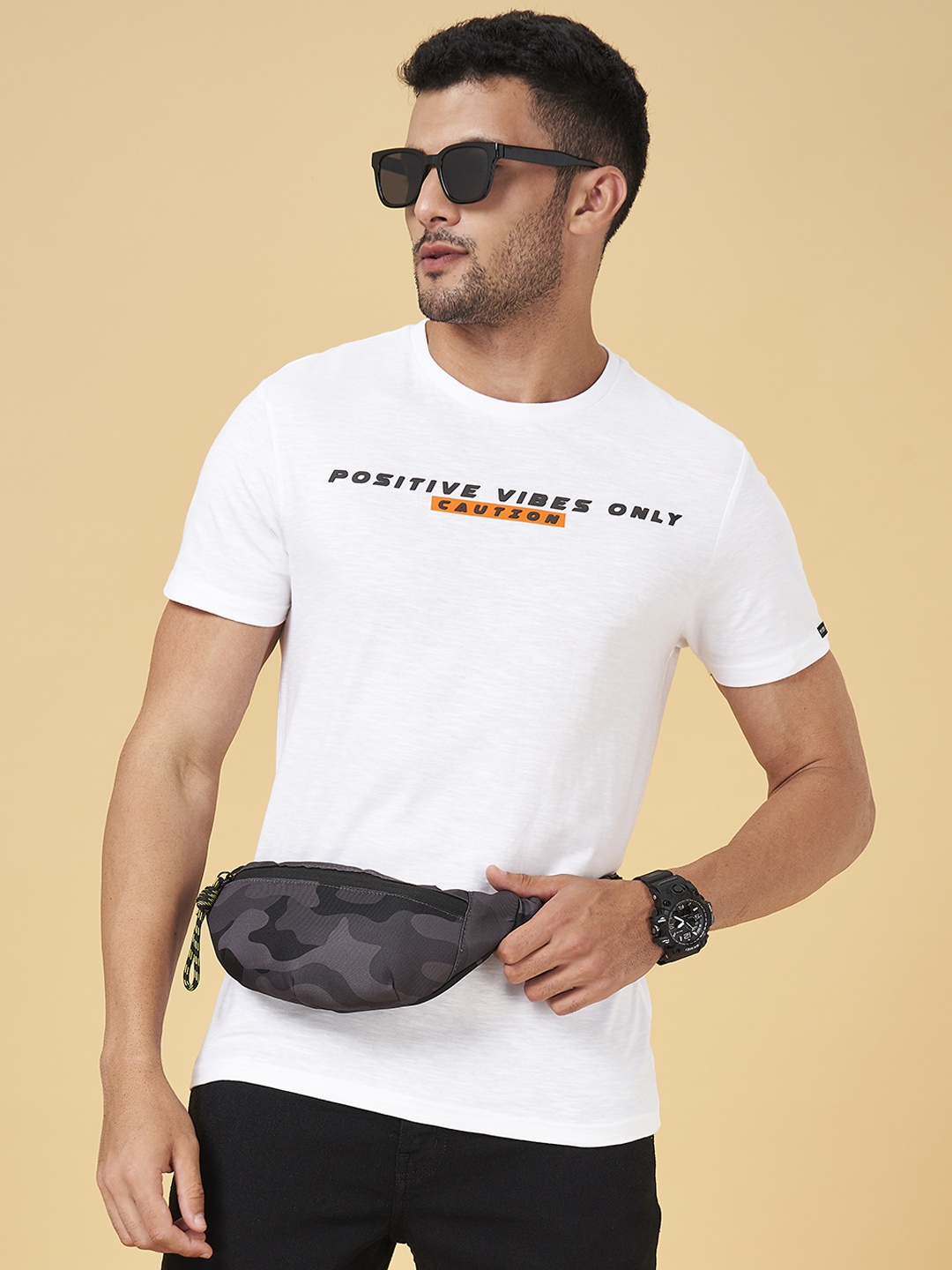 

People Typography Printed Pure Cotton Slim Fit T-shirt, Off white