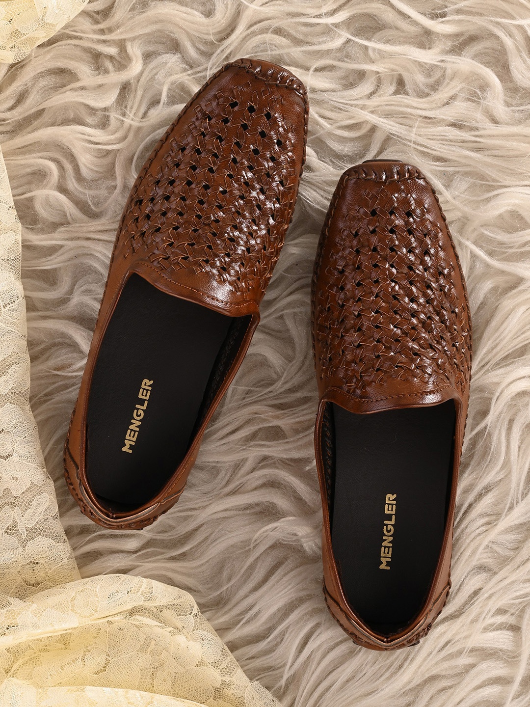

MENGLER Men Woven Design Square Toe Memory Foam Mojaris, Tan