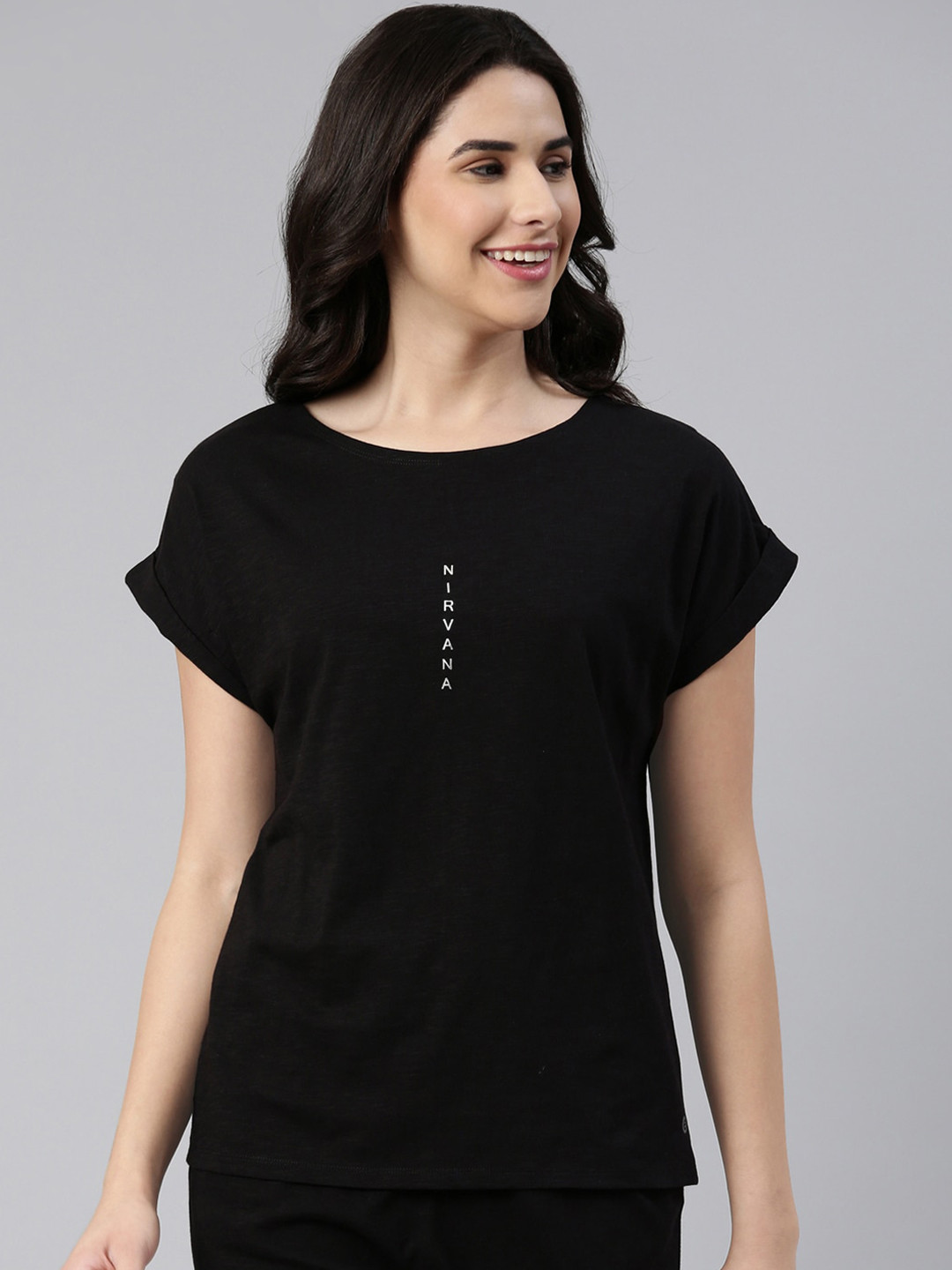 

Enamor Women Typography Printed Cotton Lounge Tshirts, Black