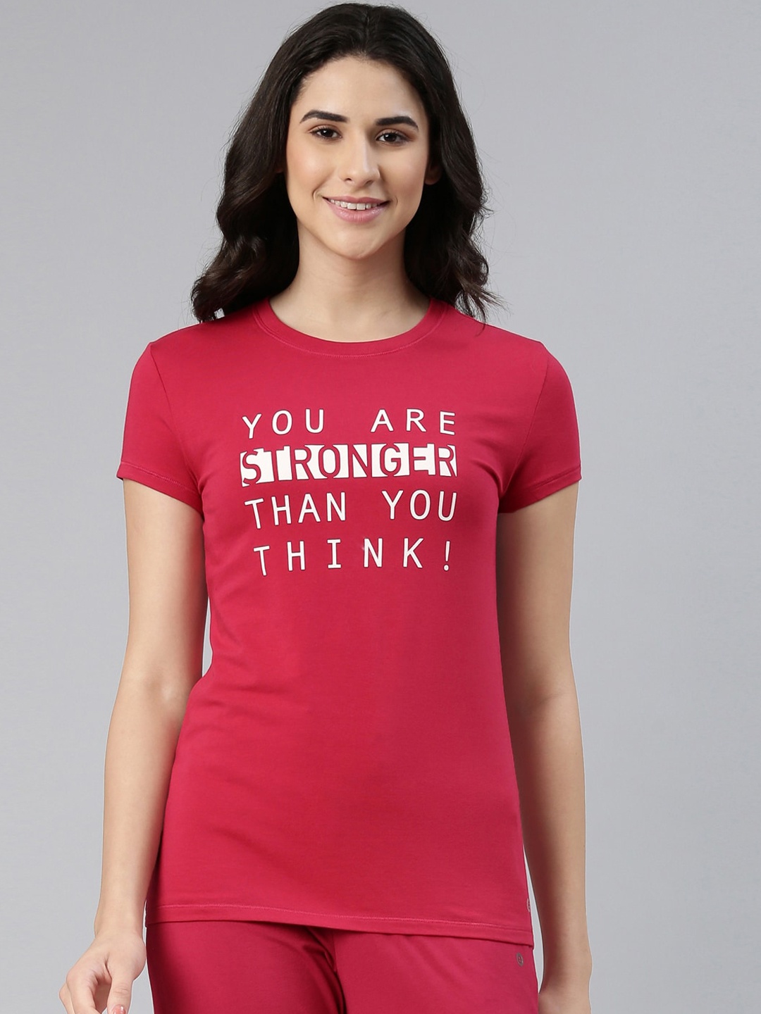 

Enamor Women Printed Cotton Slim Fit Lounge Tshirts, Red
