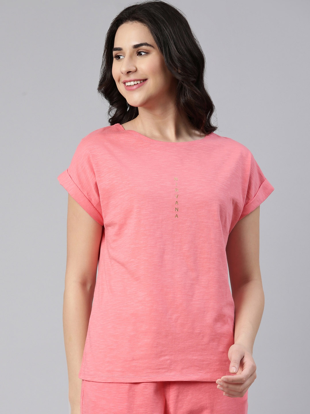 

Enamor Women Foil Printed Pure Cotton Lounge Tshirts, Pink