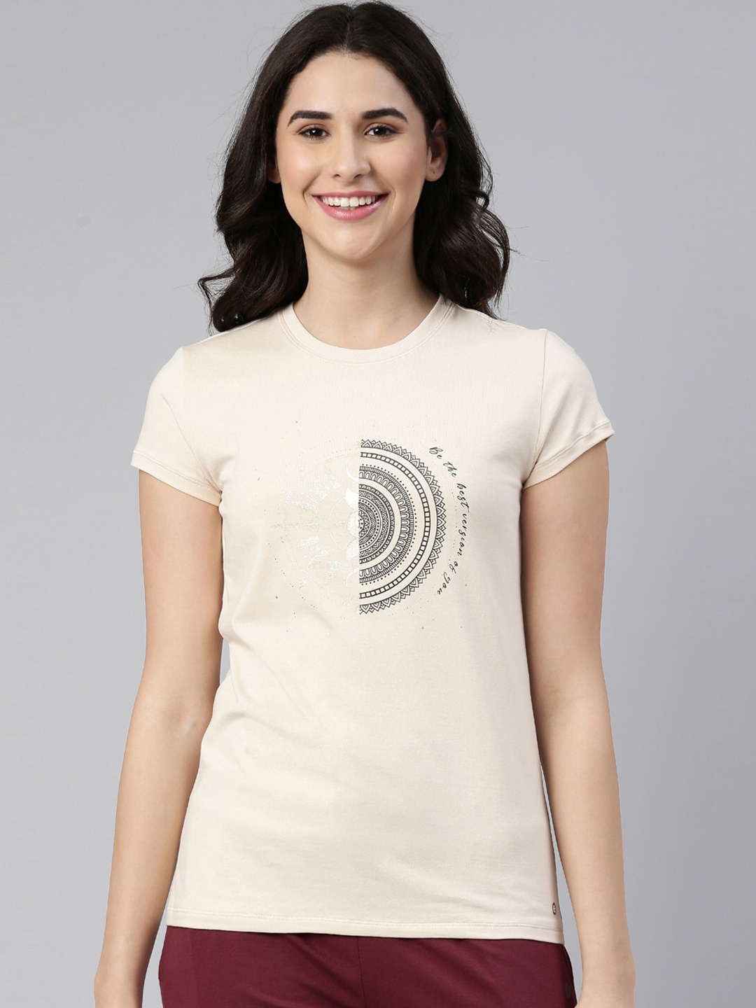 

Enamor Women Printed Cotton Slim Fit Lounge Tshirts, Beige