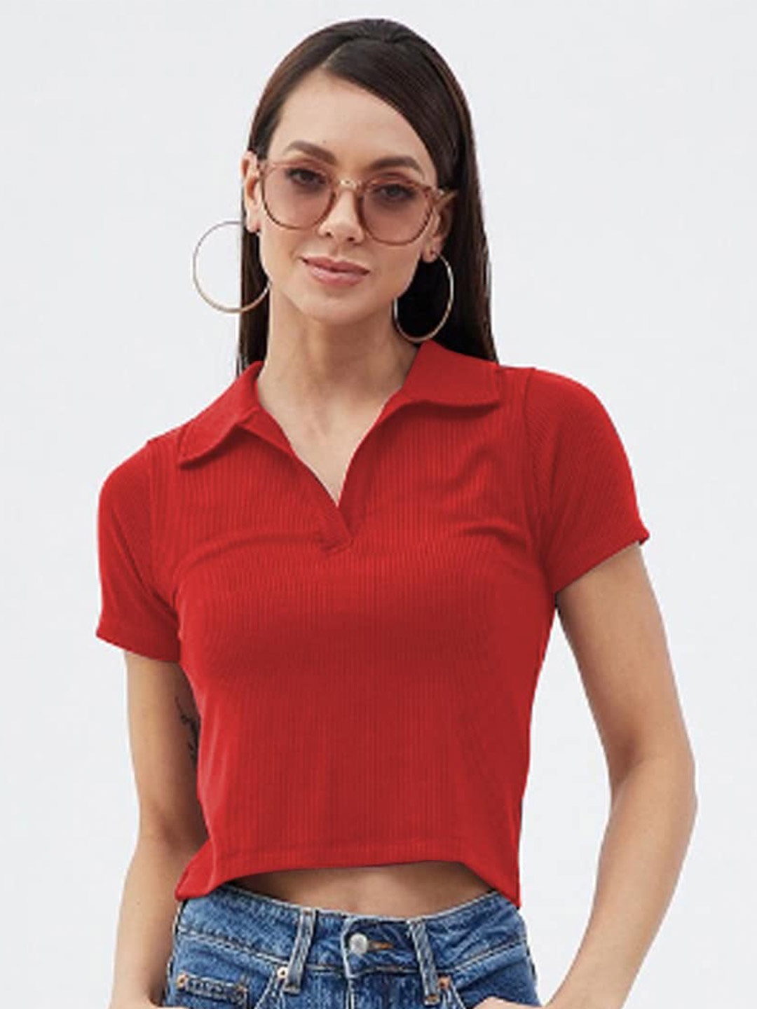 

CLAFOUTIS Red Crepe Shirt Style Crop Top