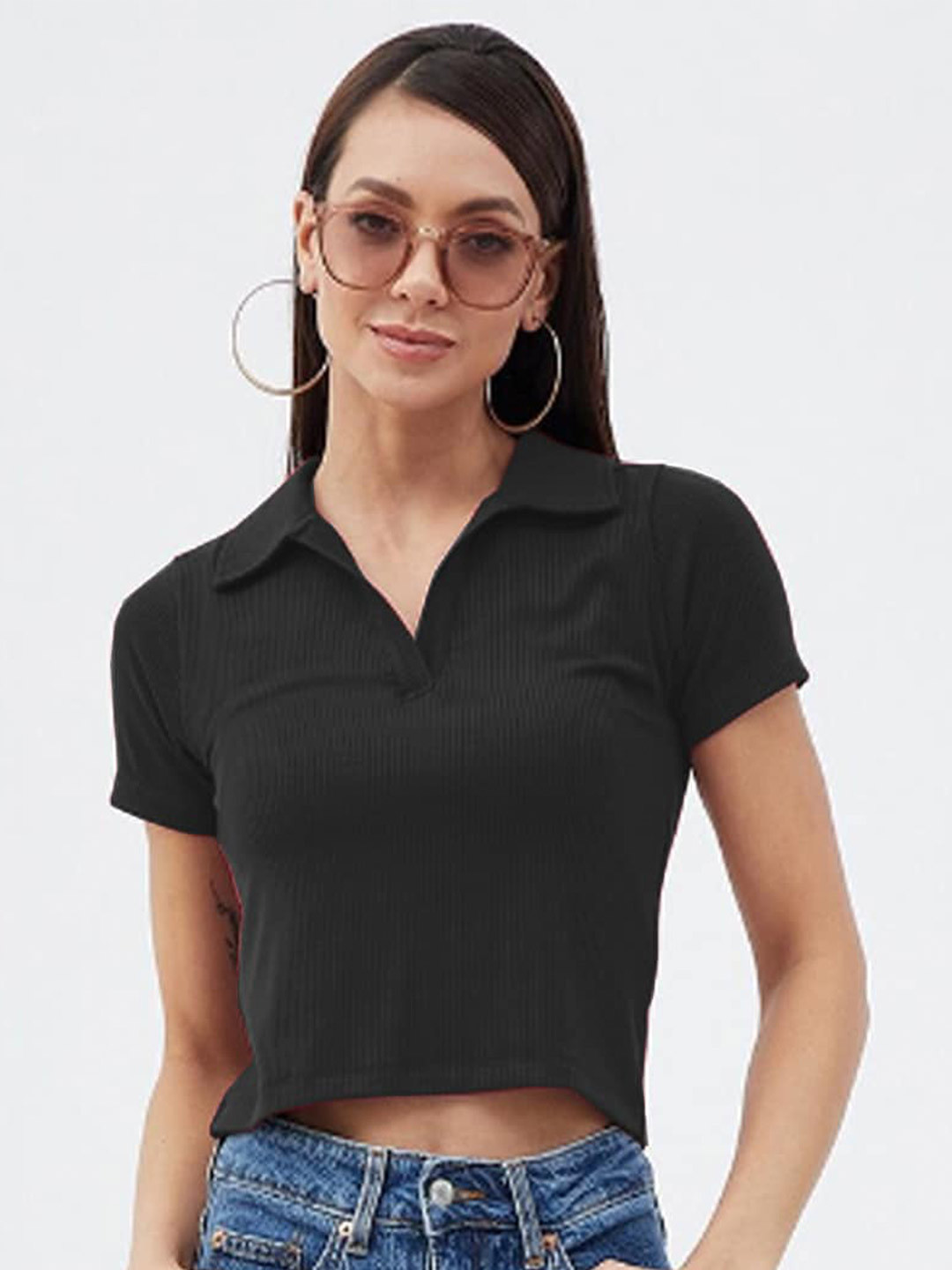 

CLAFOUTIS Black Crepe Shirt Style Crop Top