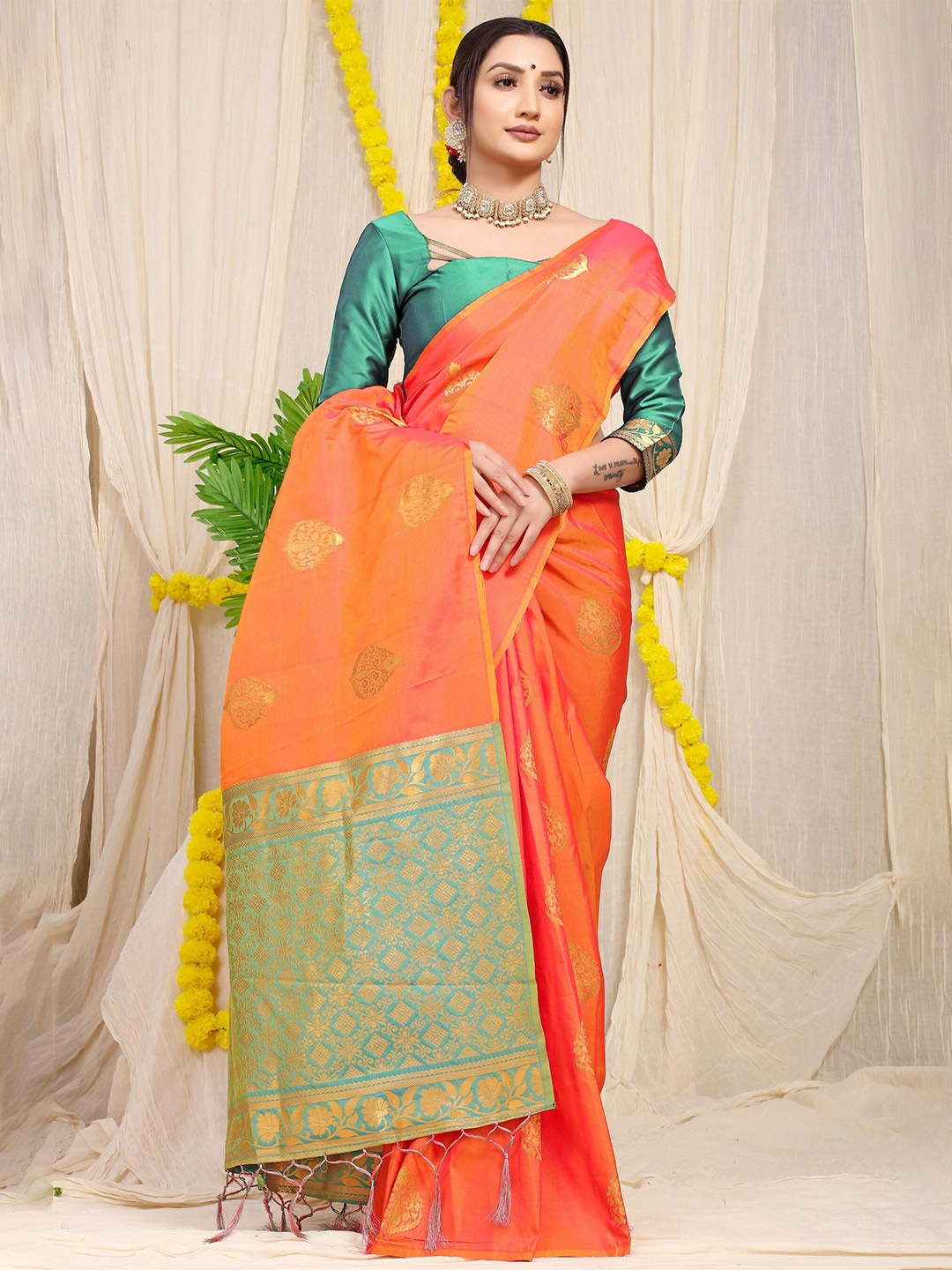 

Anaita Ethnic Motifs Woven Design Zari Pure Silk Banarasi Saree, Orange
