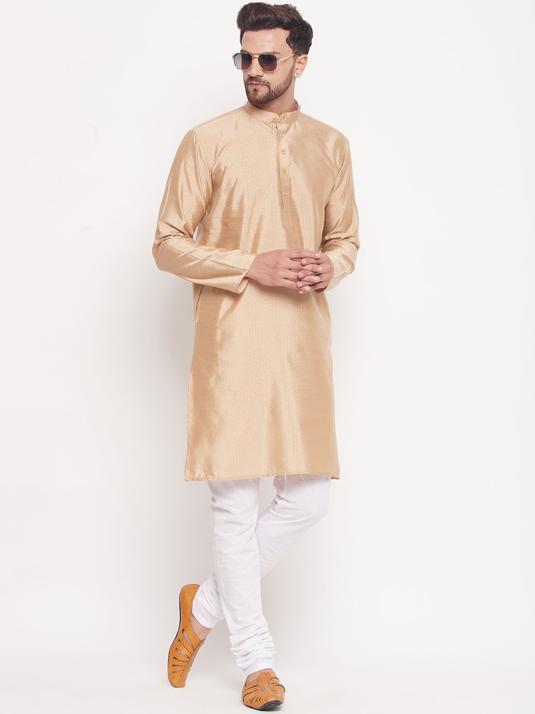 

VASTRAMAY Ethnic Motifs Woven Design Mandarin Collar Straight Silk Blend Kurta With Churidar, Beige