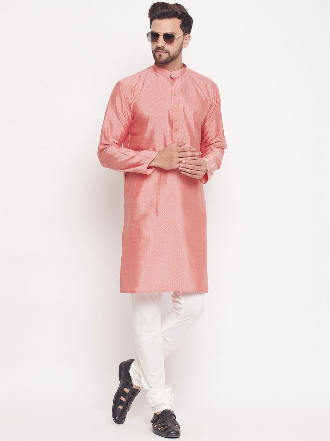 

VASTRAMAY Ethnic Motifs Woven Design Mandarin Collar Straight Silk Blend Kurta With Churidar, Pink