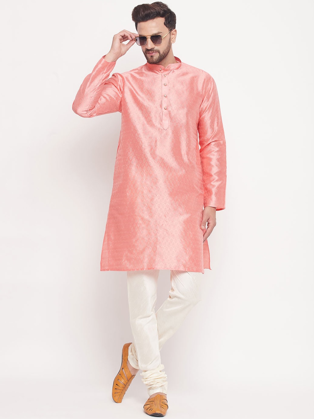 

VASTRAMAY Woven Design Mandarin Collar Kurta with Churidar, Pink