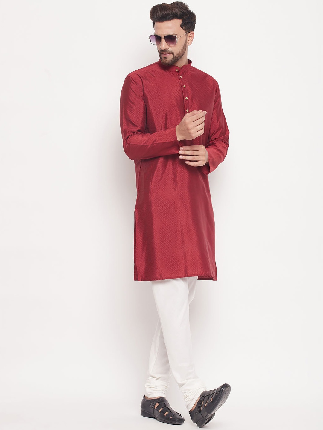 

VASTRAMAY Geometric Woven Design Band Collar Straight Silk Blend Kurta With Churidar, Maroon