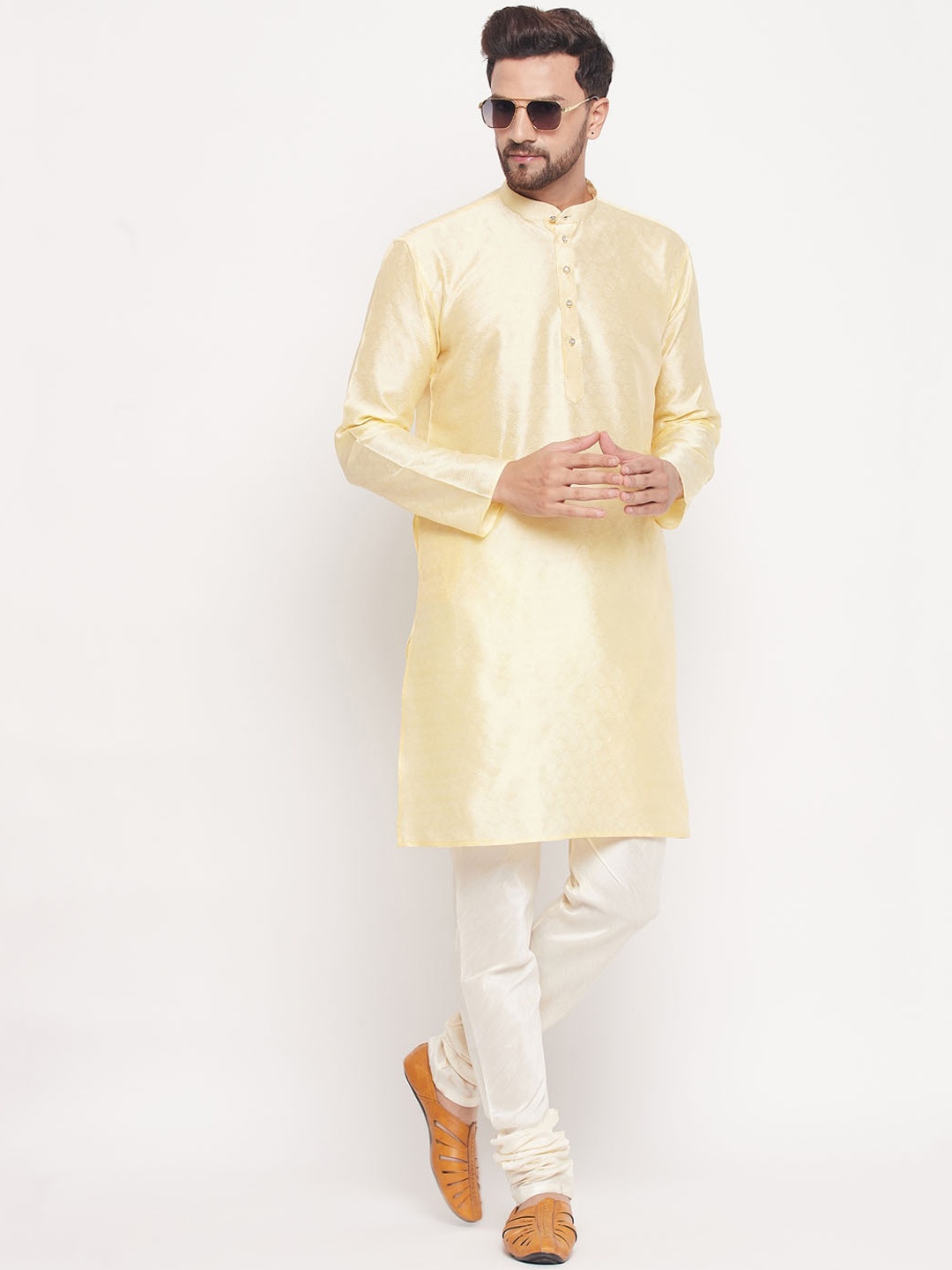 

VASTRAMAY Woven Design Mandarin Collar Kurta with Churidar, Beige