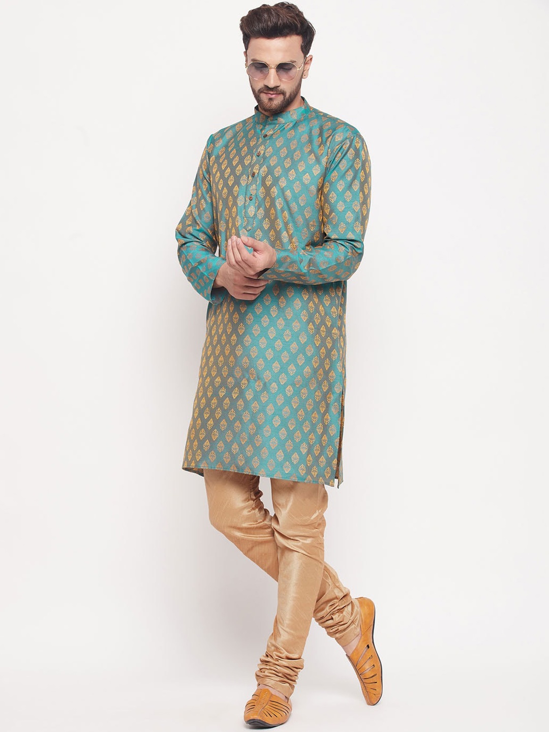 

VASTRAMAY Ethnic Motifs Printed Mandarin Collar Kurta with Churidar, Turquoise blue