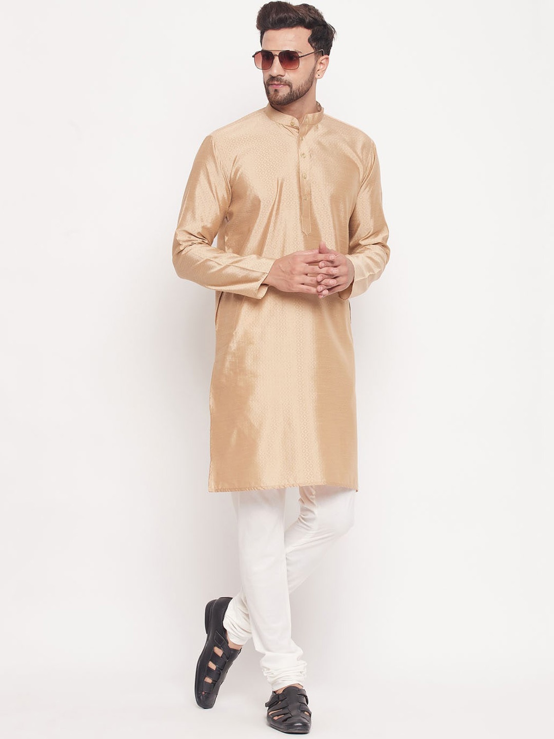 

VASTRAMAY Ethnic Motifs Woven Design Jacquard Straight Kurta with Churidar, Beige