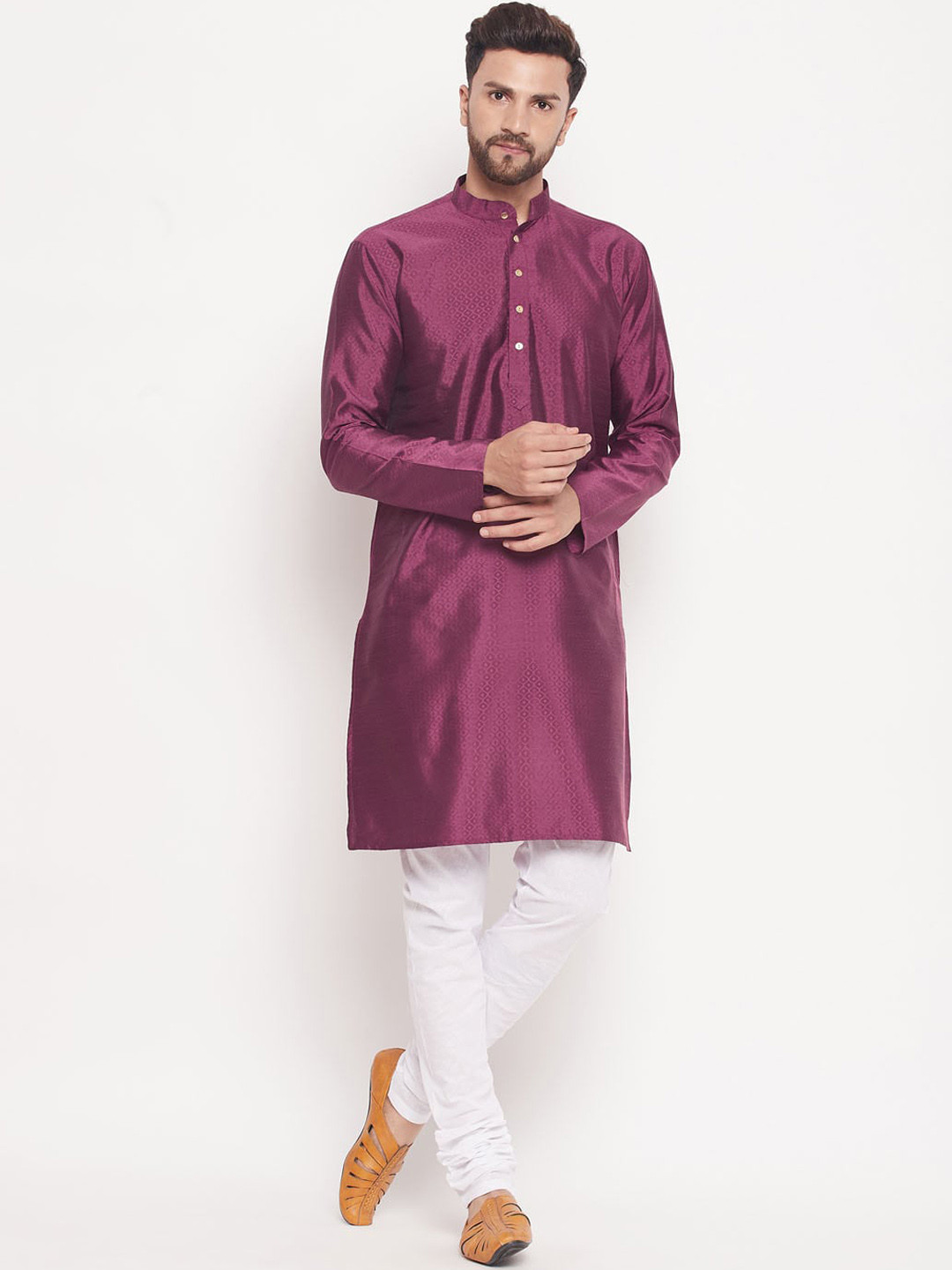 

VASTRAMAY Woven Design Mandarin Collar Kurta with Pyjamas, Purple