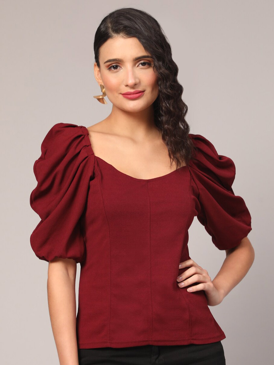 

WESTHOOD Puff Sleeved Casual Top, Maroon