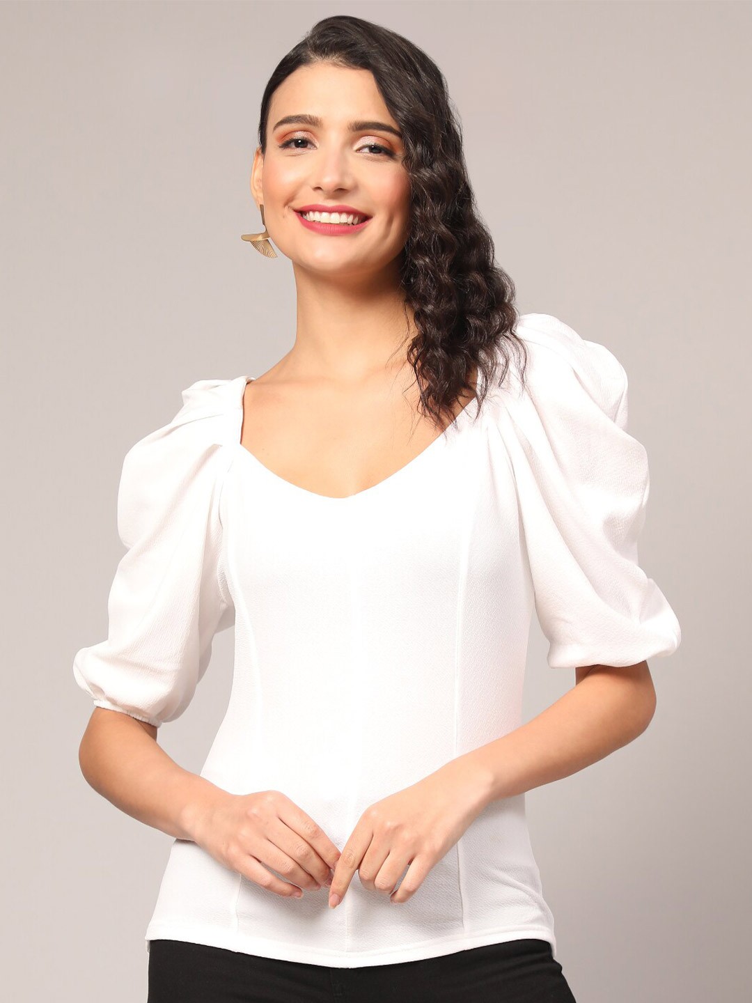 

WESTHOOD Short Puff Sleeves V-Neck Fitted Top, White
