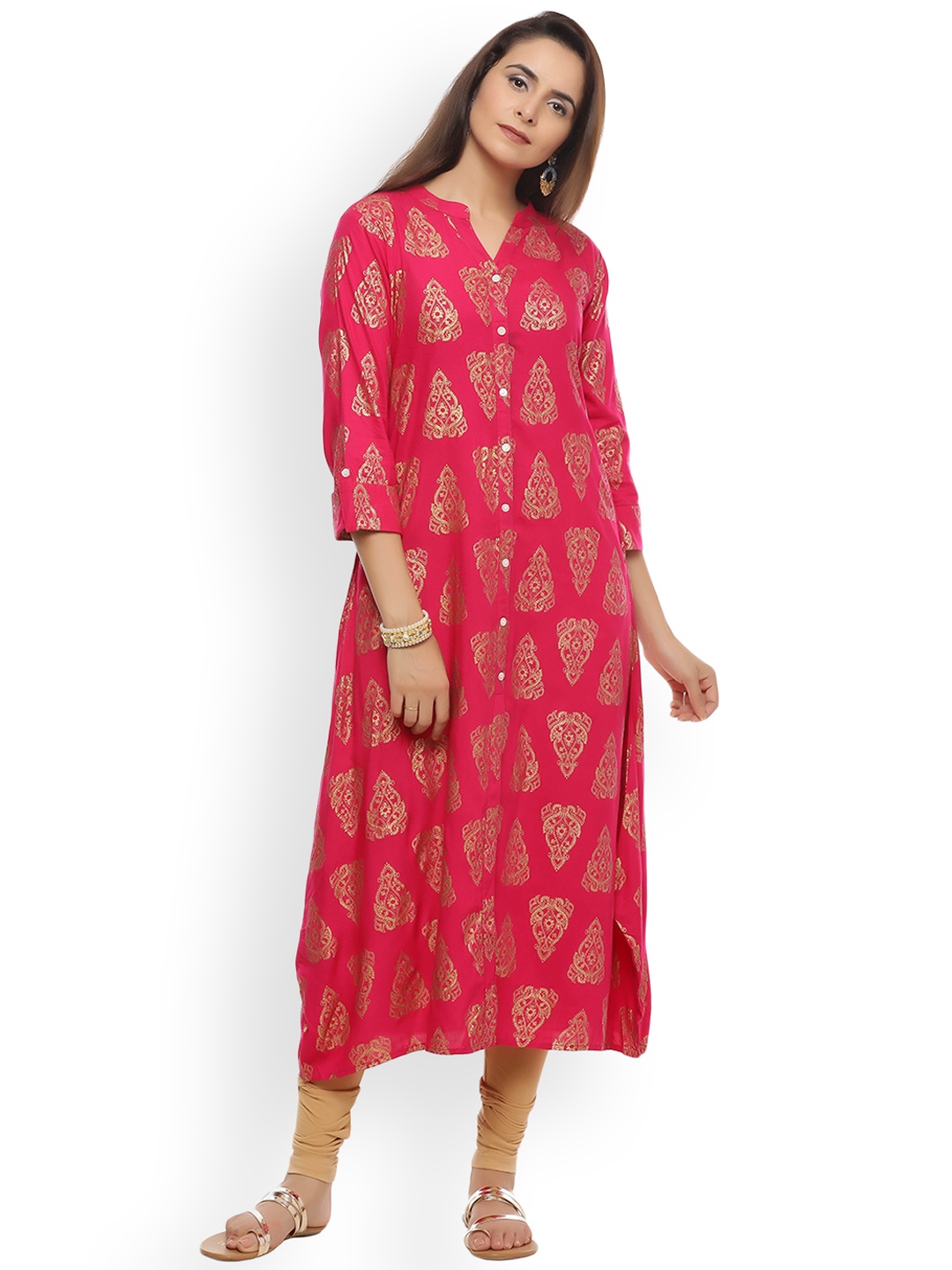 

Geroo Jaipur Women Pink Woven Design A-Line Kurta