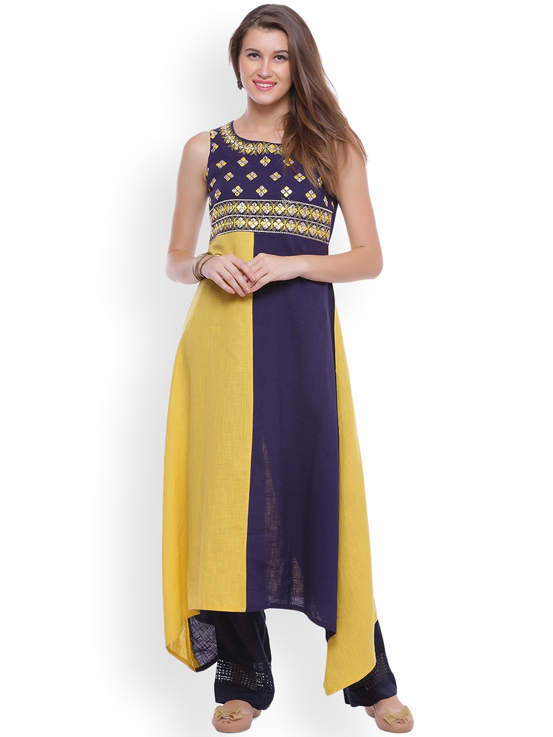 

Geroo Jaipur Yellow & Blue Hand Embroidered Cotton Kurta