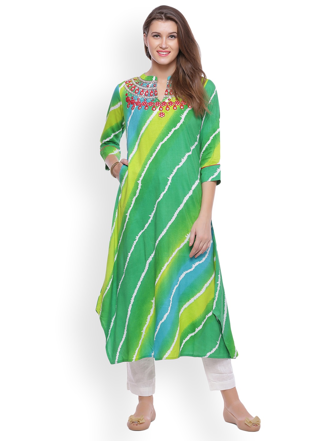 

Geroo Jaipur Multi Colour Leheriya A-Line Rayon Kurta, Green