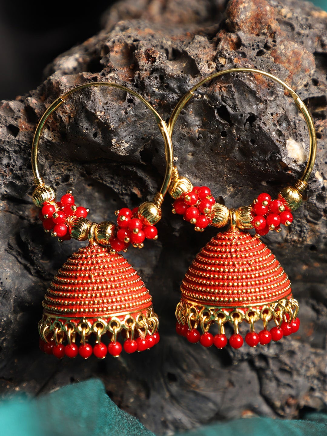 

ANIKAS CREATION Gold-Plated Contemporary Drop Earrings, Red