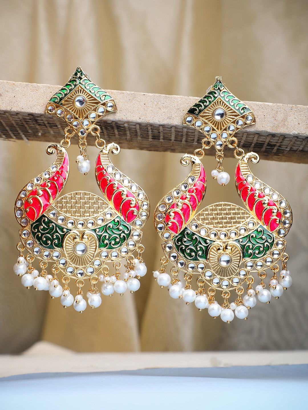 

ANIKAS CREATION Gold-Plated Contemporary Drop Earrings, Red