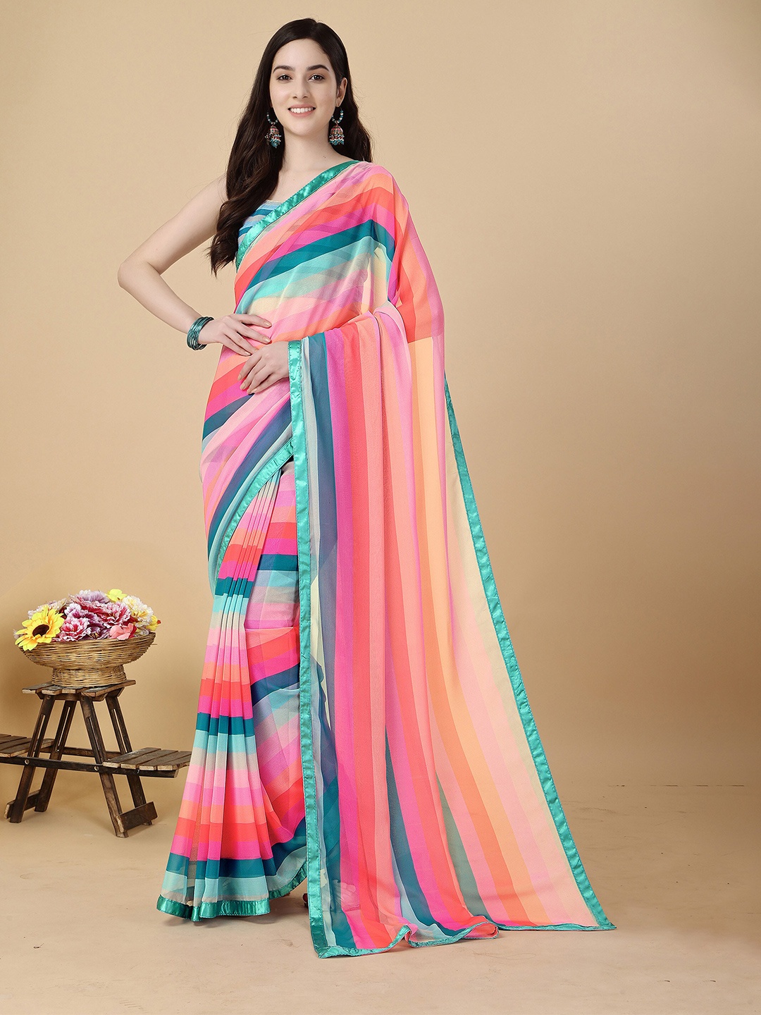

UNITED LIBERTY Striped Pure Georgette Leheriya Saree, Blue