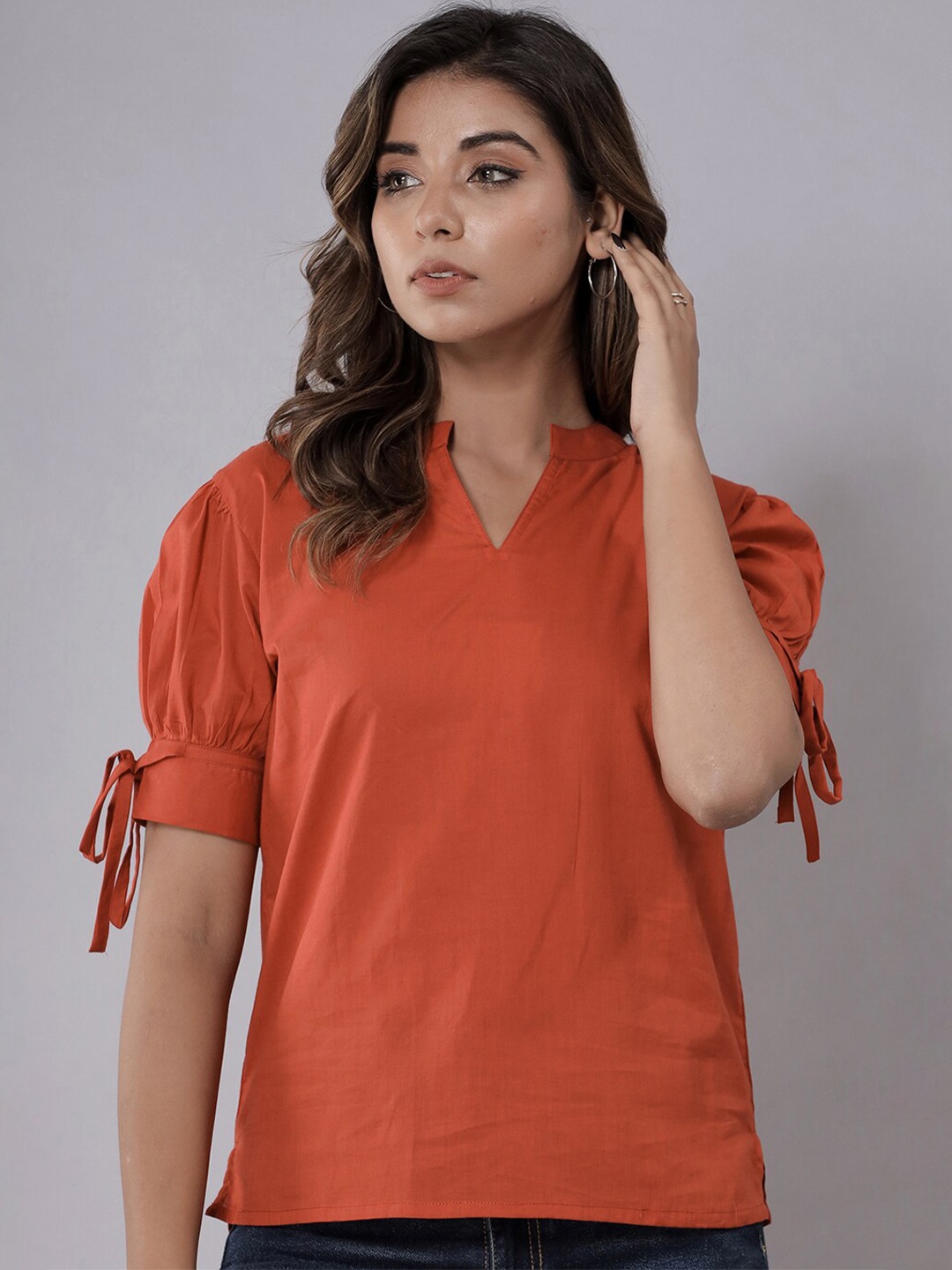 

Fab Star Mandarin Collar Puff Sleeves Top, Red
