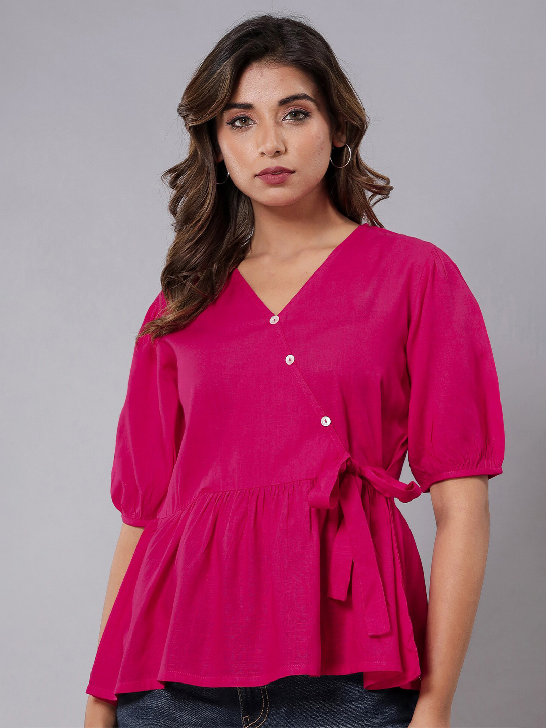 

Fab Star V-Neck Puff Sleeves Tie-Up Gathered Wrap Top, Pink