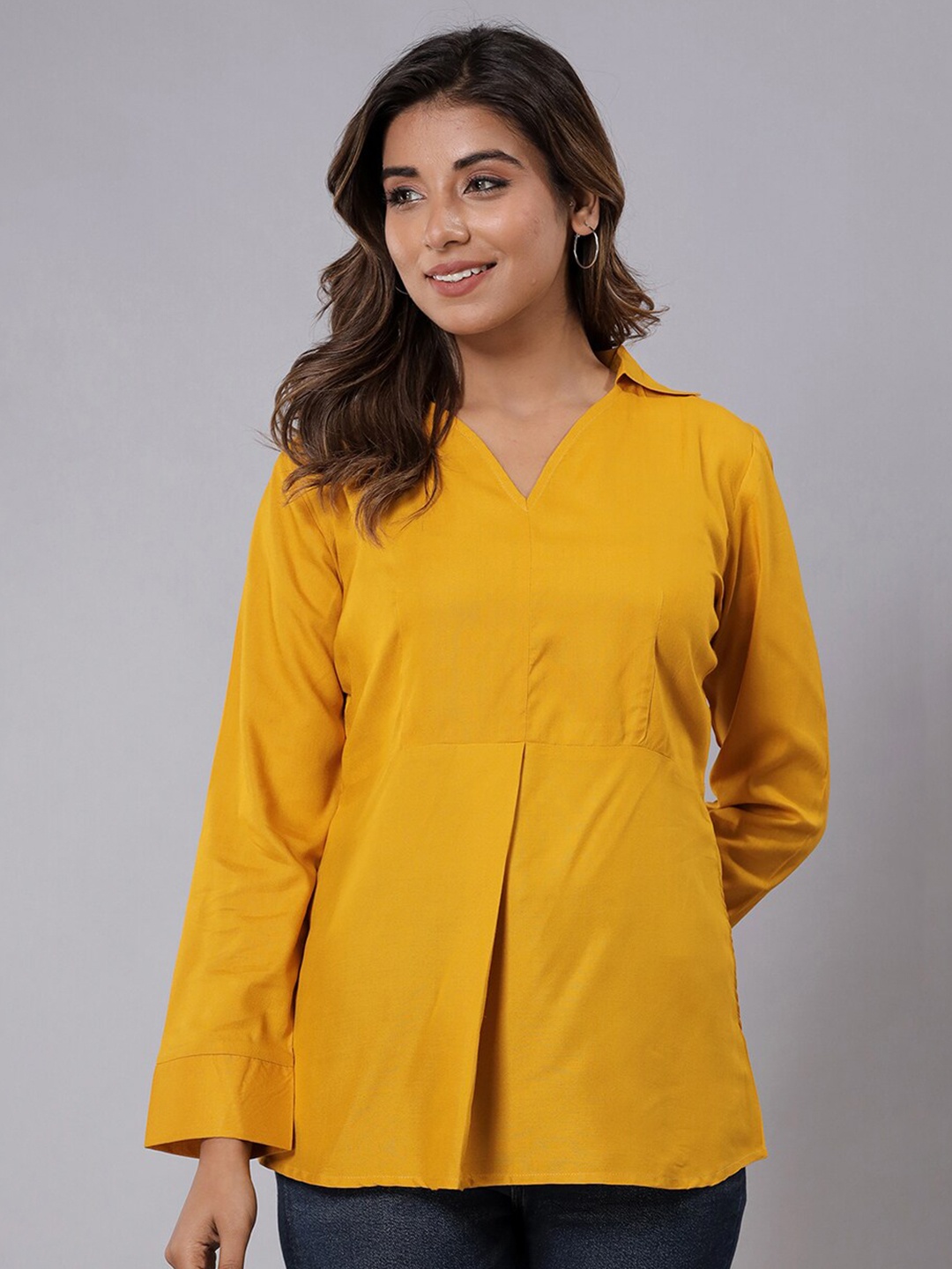 

Fab Star Shirt Collar Cuffed Sleeves A-Line Top, Yellow