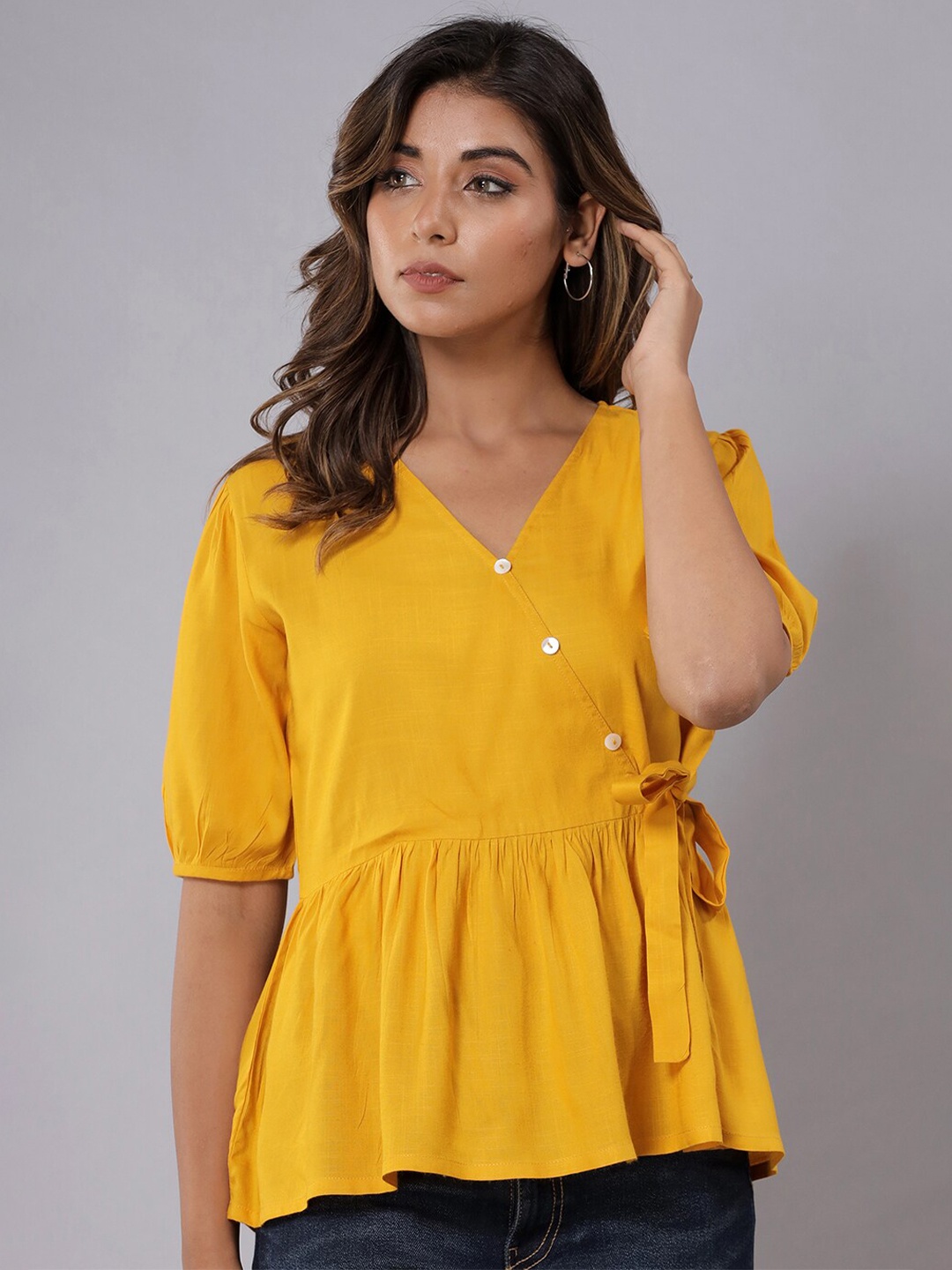 

Fab Star V-Neck Puff Sleeves Wrap Top, Yellow