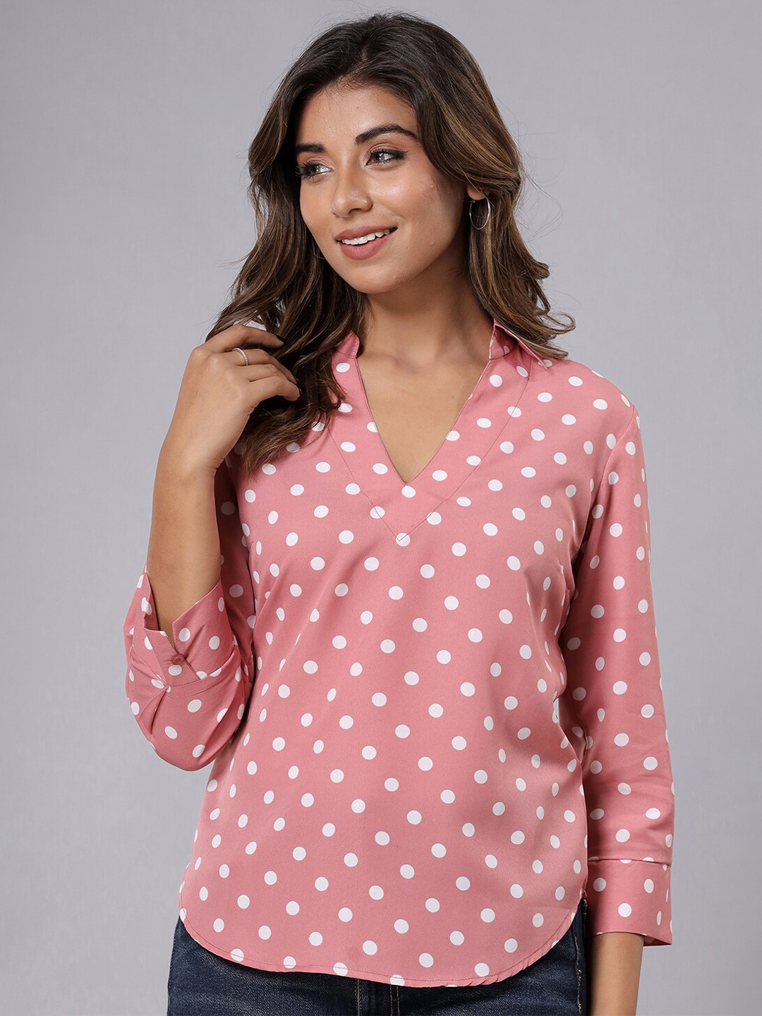 

Fab Star Polka Dots Mandarin Collar Shirt Style Top, Peach