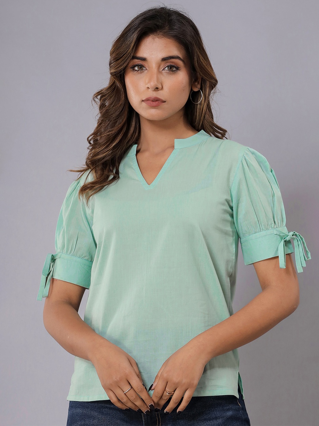 

Fab Star Tie-Up Detail Puff Sleeves Band Collar Side Slit Top, Sea green